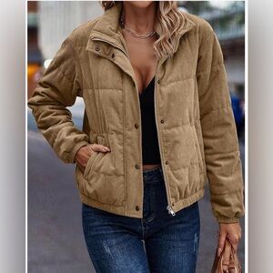 Women's Bomber Jacket Corduroy Ribbed Quilted Zip Up Coat with Pockets